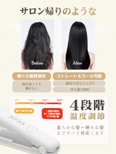 ヘアアイロン コードレス 2WAY カール/ストレート 充電式ヘアアイロン 18mm プロ仕様200℃ TYPE-C充電 3200mAh大容量 140℃～200℃4段階温度調整 自動電源OFF 誤起動防止ロック ミニ 小型 持ち運び便利 男女兼用 家庭/旅行/出張/通勤用 贈り物 飛行機持ち込み不可 ポータブル (ホワイト, L)